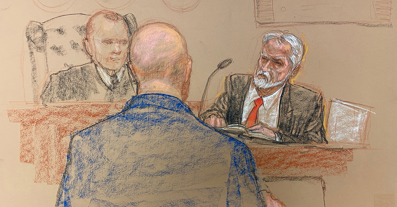 Sketch by Janet Hamlin. The judge, Air Force Col. Shane Cohen (left), watched defense lawyer James Connell question witness James Mitchell on Tuesday. On Wednesday, Mitchell testified in detail about waterboarding detainee Abu Zubaydah.