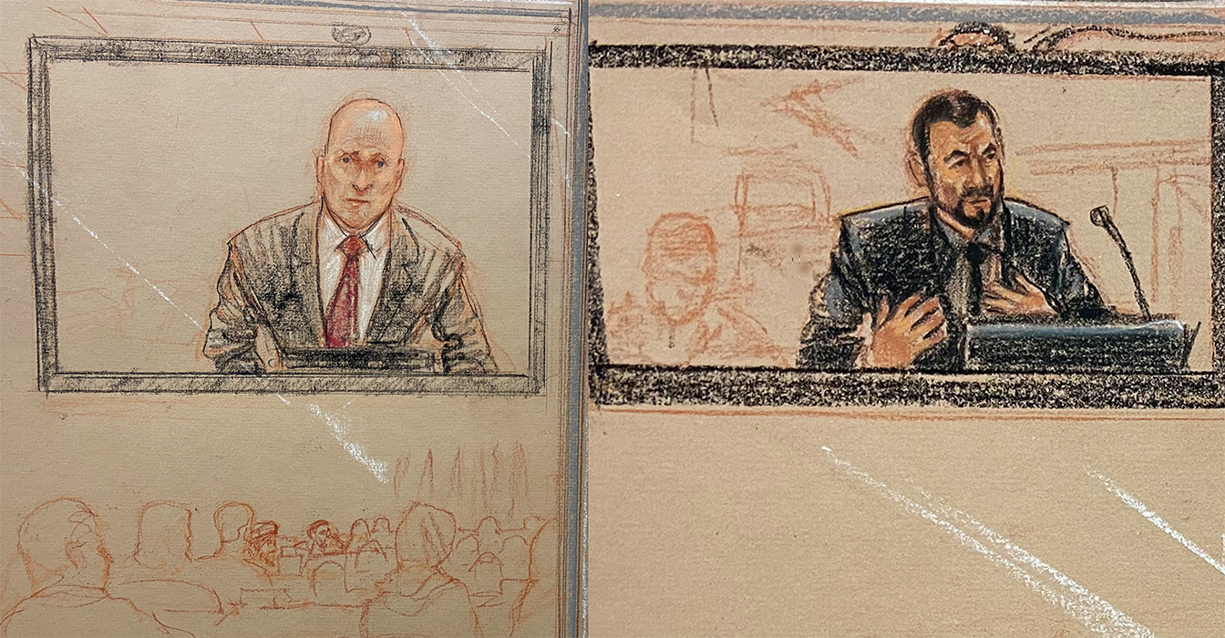 Sketch by Janet Hamlin. Defense attorney James Connell (left) completed his examination of James Mitchell on Thursday. Walter Ruiz, another lead defense counsel, completed his examination on Friday.
