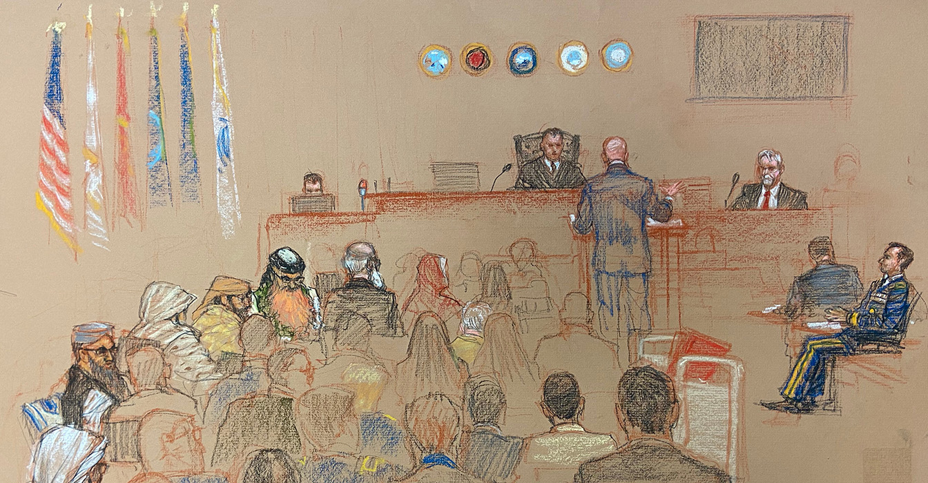 Sketch of Guantanamo courtroom by Janet Hamlin.