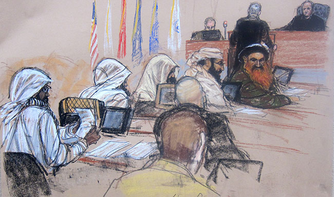 A Pentagon-approved sketch by court artist Janet Hamlin from June 16, 2014 shows the five defendants, from right to left: Khalid Sheikh Mohmmad, Walid bin Attash, Ramzi bin al shibh, Aziz Ali, Mustafa al Hawsawi.