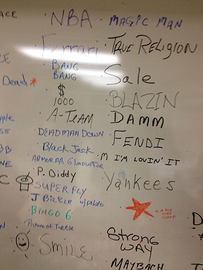 A police whiteboard lists the different "stamps" or names for heroin.