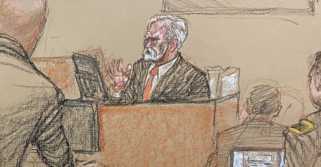 Sketch by Janet Hamlin. James Mitchell (above) completed his testimony Friday morning before John "Bruce" Jessen took the stand.