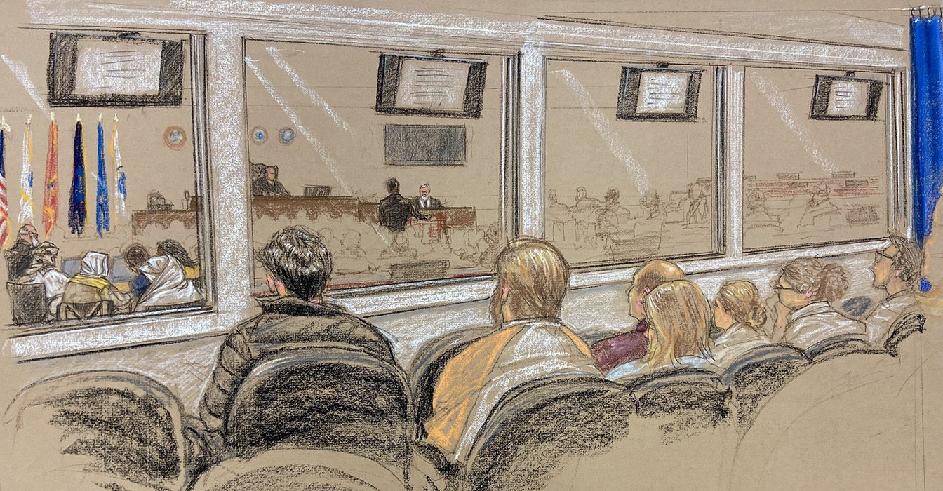 Sketch by Janet Hamlin. Video and audio reaches the courtroom viewing gallery on a 40-second delay to prevent the spill of classified information.