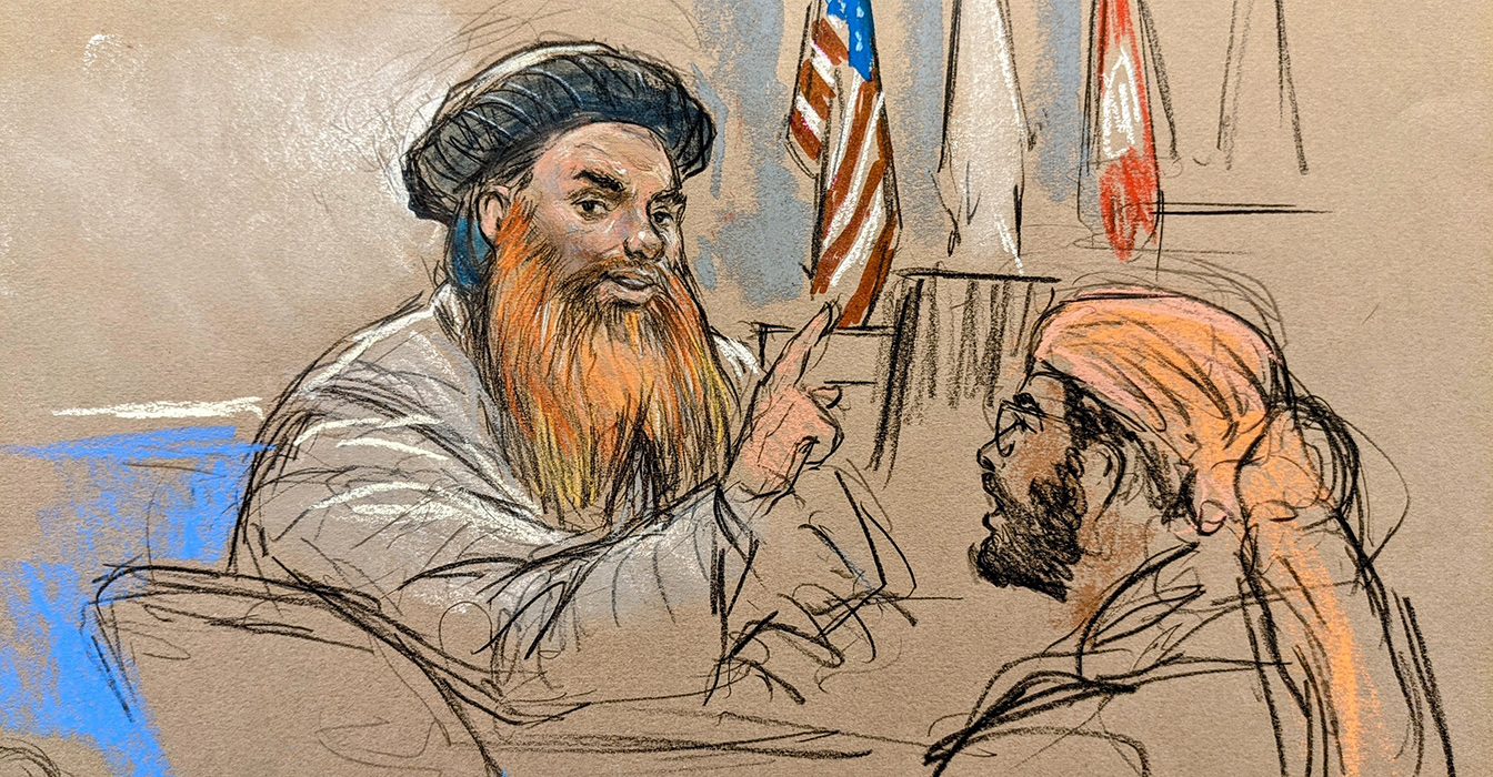 Khalid Shaikh Mohammad (left) sits at the front defense table, with one of his four co-defendants, Walid bin Attash, at the second table. Sketch by William J. Hennessy Jr. / CourtroomArt.com.