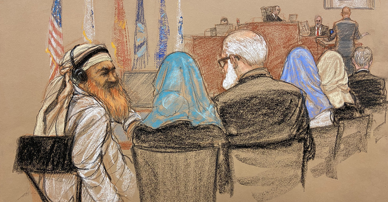 Sketch of Khalid Shaikh Mohammad and members of his defense team by Janet Hamlin.