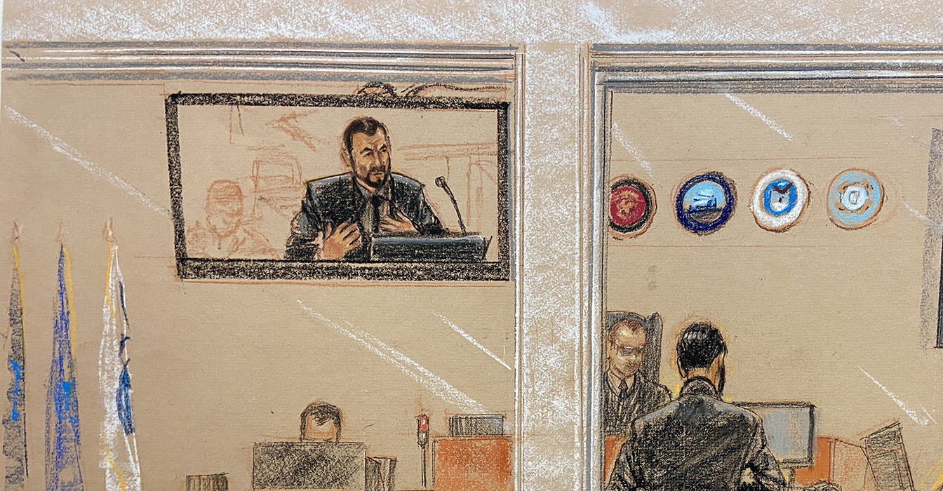 A sketch of defense attorney Walter Ruiz viewed from the courtroom gallery. By Janet Hamlin.