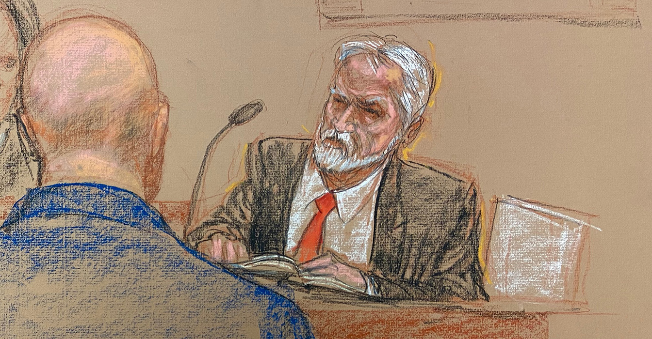 Sketch artist Janet Hamlin captured Dr. James Mitchell’s testimony in January 2020.